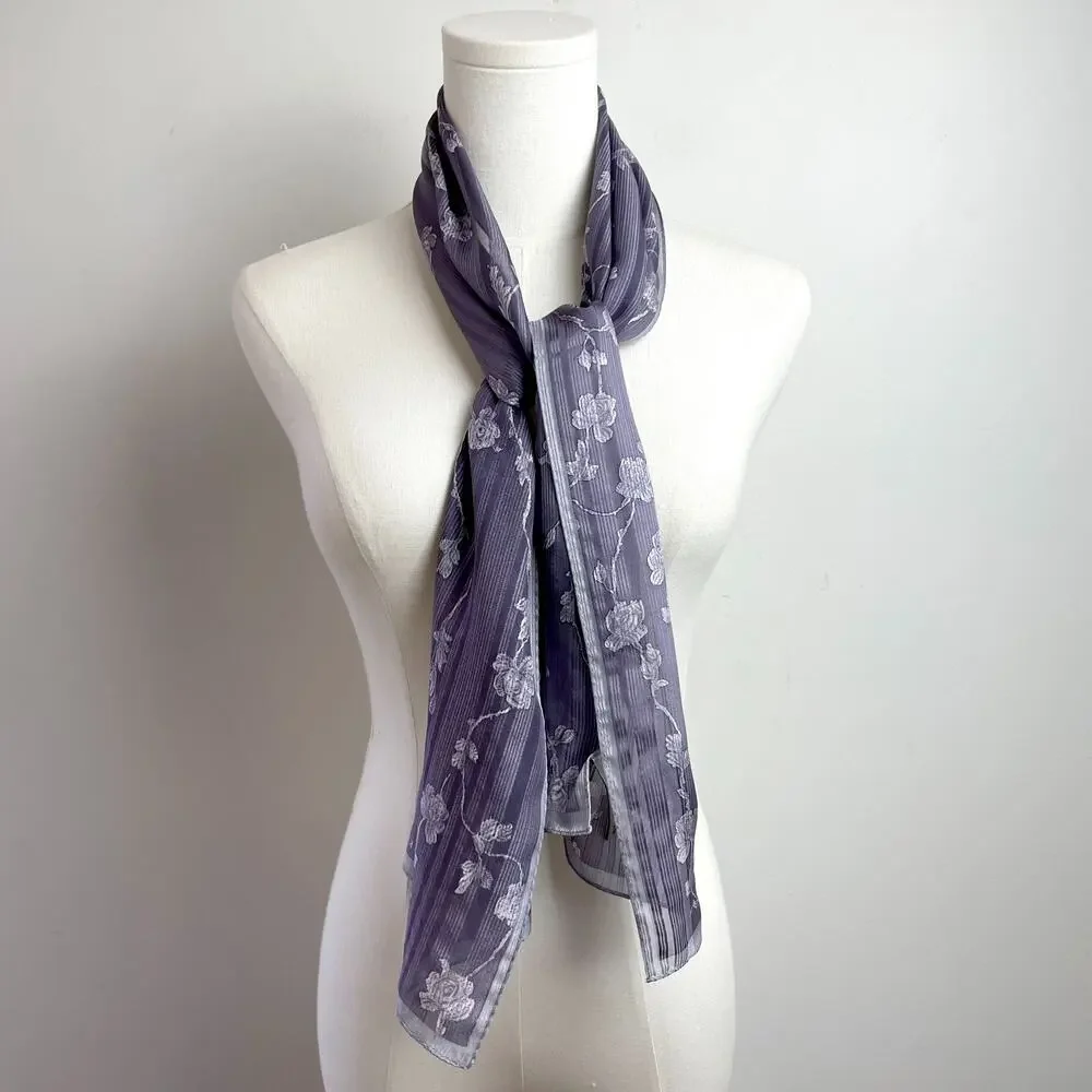 Vintage 90s Anne Klein Silk‎ Scarf Rectangle Purple Floral Cottagecore Fairy